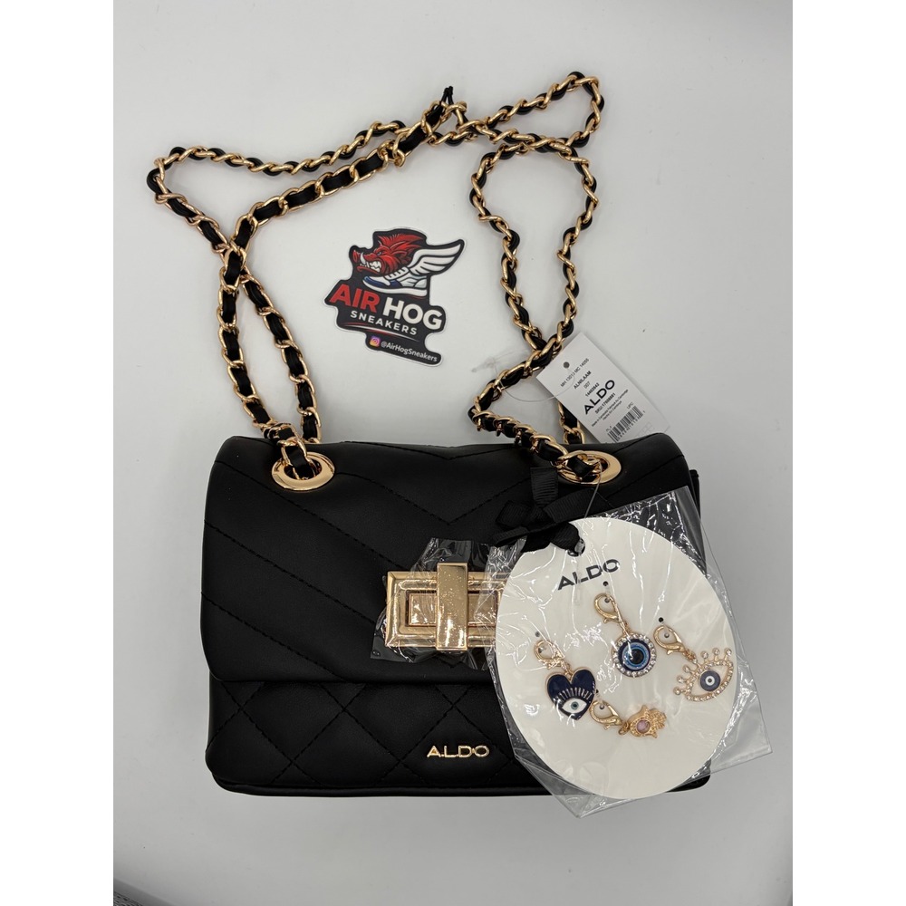 Aldo Alinlaam Black Quilted Crossbody Bag with Gold Chain and Evil Eye Charms